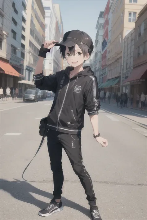 1boy, boy, kirito, looking at viewer, standing, cowboy shot, full body, smiling, ultra-detailed