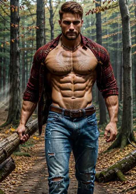 Ultra-realistic, cinematic shot of an extremely handsome woodcutter with a rugged, masculine appearance. He wears a red plaid shirt, unbuttoned to reveal his well-defined abs and a hairy chest. His broad shoulders and muscular physique (2.0) exude strength...