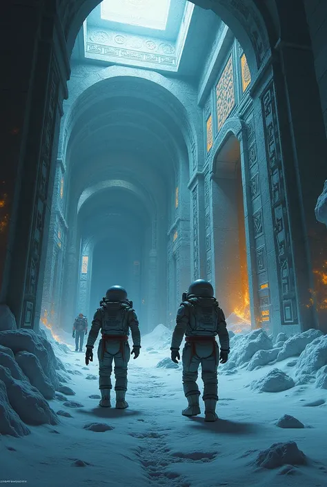 detailed ancient alien temple buried under ice of frozen moon, glowing symbols etched into walls, team of astronauts exploring mysterious chambers, high quality, cinematic lighting, dramatic composition, moody color palette, photorealistic, concept art sty...