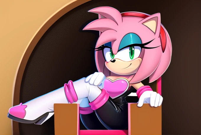 score_9, score_8_up, 2D, flat color, looking at viewer, (1girl), (solo), very detailed, extremely detailed, Amy Rose from the sonic the hedgehog series, portrait, smile, looking at viewers, hair down, hair bangs, large bust, milf, Rouge cosplay, cosplay, R...