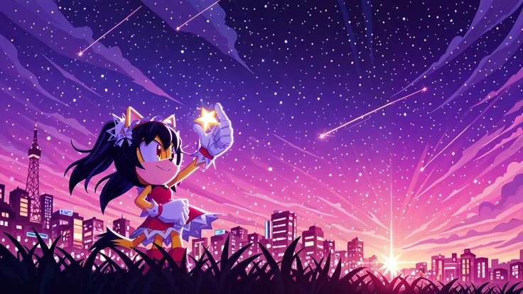  sonic channel (style), honey eyes, red dress, red hairband, yellow fur, cat tail, sonic (series), alone, 1 girl only, black hair, twintails, frilly hairbands, gazing up at the starry sky. Her hair flows beautifully in the wind, adding a sense of movement ...