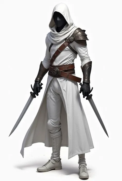 Please draw a male assassin who wears a white stealth scuba mask and dresses in an all white stealth suit like Spider-Man, make him small, light and toned down like Spider-Man, equip him with dual Tantos, equip him with throwing daggers,