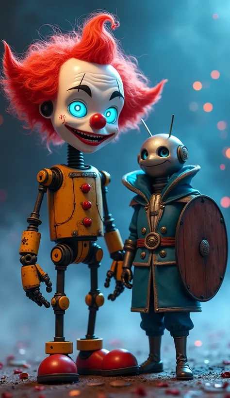 "A cartoon-style robotic clown with glowing blue eyes, red curly hair, and a mischievous smile, standing next to a futuristic armored hero with a round shield. The clown has a vintage mechanical body with rusted joints and buttons. The hero wears a blue an...