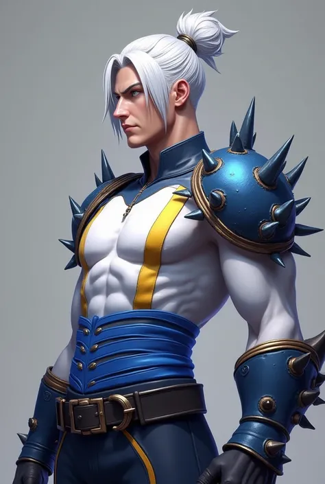 A male character from Free Fire with white hair with a bun haircut and a vertical yellow detail on the middle side, a white six-pack, blue belts on the belly and inside the belly, blue light and a belt around the throat, looking like a cord on the shoulder...