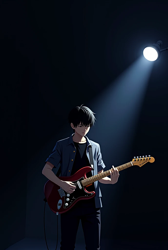 anime guy playing guitar in dark room with light on, junji ito 4 k, guitarist, the guitar player, inspired by Kim Eung-hwan, phone background, phone wallpaper, background image, guitar solo, style of junji ito, playing the guitar, inspired by Hideyuki Kiku...