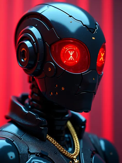 Agent X, robot, highest quality, A dark cyberpunk world、1 male (dark cyberpunk world, male African American Robot, ski mask, Red on sharp facial structure, human like, metallic hair, highest quality, cyberpunk from Ghana, high quality, sharp moon eyes vivi...