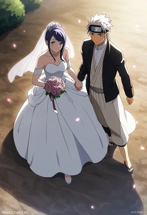 Tsuande from the anime Naruto wearing a wedding dress and holding hands with the character Seiko Ayase from the anime Dandadan