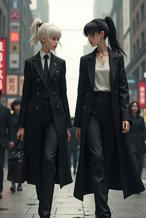 Two girls on a city walk .  The first is an albina in a black military suit . Gray eyes and with the serious expression .  Their hair is tied in a ponytail .  the second girl ,  has black hair and is also tied in a tail of hair. His expression is relaxed a...