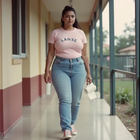 (Retro picture).  An adult Mexican woman, round face, about 35 years old, with brown skin, short stature, curvy, make-up, Black hair tied in a ponytail, busty, Big butt, Wear a Lacoste pink stripes and white t-shirt, light blue denim pants with low pull, C...