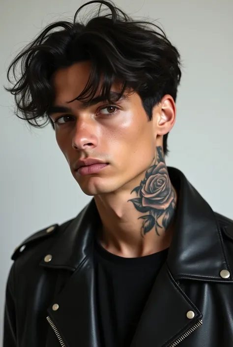  to a young person between 18 and 20 years old,  with a serious but melancholic expression on his face .  His skin has a slightly tanned shade , , which further highlights his marked features ,  like a strong jaw and defined cheekbones .  His eyes are a de...