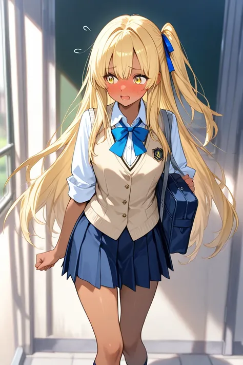 dark skin girl,blond long hair,one side up,yellow eyes,  hair,school bag,beige vest,blue ribbon, flustered