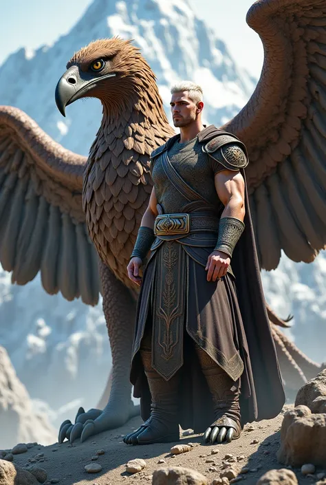 Muscular man with short white hair with a creature with head of eagle and body of dragon with eagle wings, shaved face, handsome, in a persian battle suit, in the mountains, 