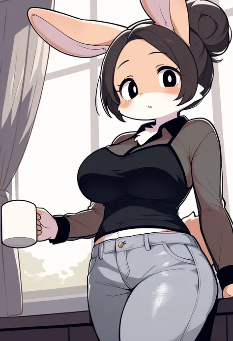 1girl, (furry, kemono:1.4), rabbit girl, animal nose, rabbit ears, solo, breasts, pants, cup, hair bun, looking at viewer, large breasts, shirt, holding cup, see-through, indoors, denim, black shirt, long sleeves, holding, black hair, single hair bun, jean...