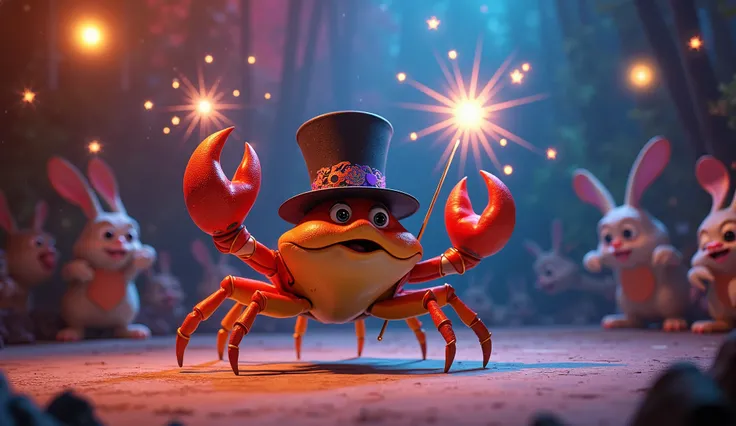 Disney Pixar Studio Style : A crab with a magician's hat and a magic wand, making stars and rabbits appear. BREAK: SHARP IMAGE, HIGH RESOLUTION, 4K