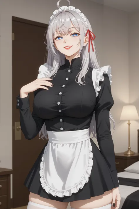 Girls, smile, red lips, fair skin, big tits, big breats, big ass, big butt, long hair, sexy body, thic body, beauty girls, maid costume, black and white maid costume colors, stocking, white stocking colors, nails, black nails colors, in bedroom background,...