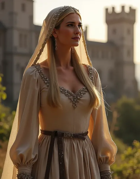 Ivanka Trump, Early Middle Ages (800 n .e.):  Medieval lady in a long cott dress with narrow sleeves, showing cleavage ,  linen underwear ,  simple belt ,  long braid under the veil , Gothic castle in the background, Flare lighting