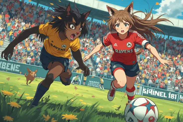 (Battle Royale) (rival High schools soccer game) (anime influence) Intense soccer game (Cat girl team logo 'Ravens') are playing soccer against (dog boys, 'Boners' logo), intense action, fans and claws bared, Battle Royale on the soccer field.