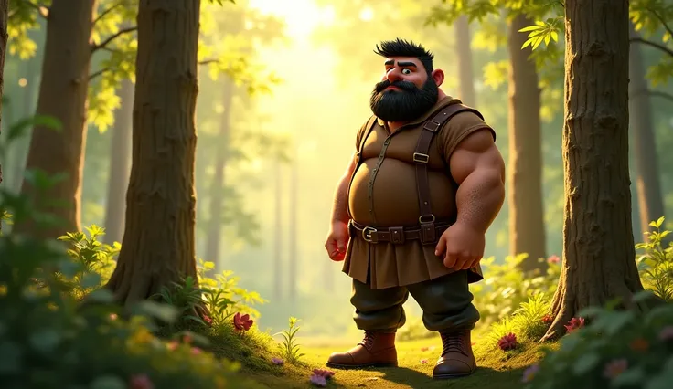 A woodcutter ((silky short Black hair, brown dress, height 5.8, black beard)) stand Shockley in the forest in day .In 3d Pixar's,High Resolution, Best Quality, ultra High Quality, HD, High Details, 