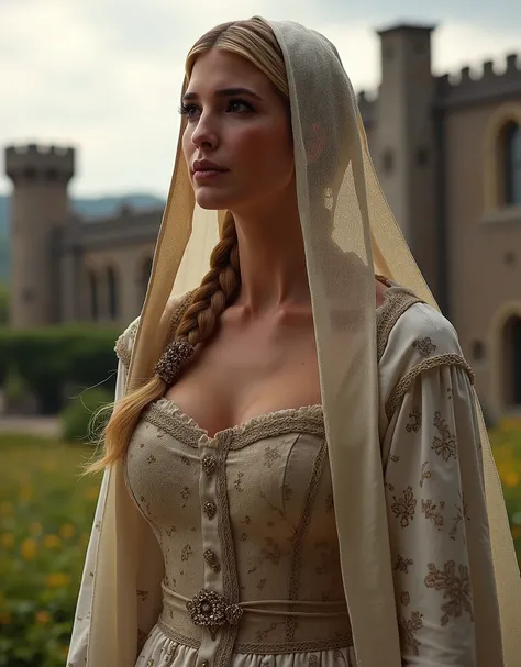 Ivanka Trump, Early Middle Ages (800 n .e.):  Medieval lady in a long cott dress with narrow sleeves, showing cleavage ,  linen underwear ,  simple belt ,  long braid under the veil , Gothic castle in the background, Flare lighting