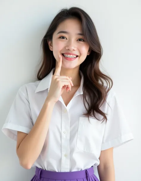 "College student", a beautiful and lovely 18-year-old girl, "posing cutely, pointing her index finger near her lower lip", "wearing braces", smiling beautifully, wearing a purple belt, wearing a pure white student uniform, white background, studio lights, ...