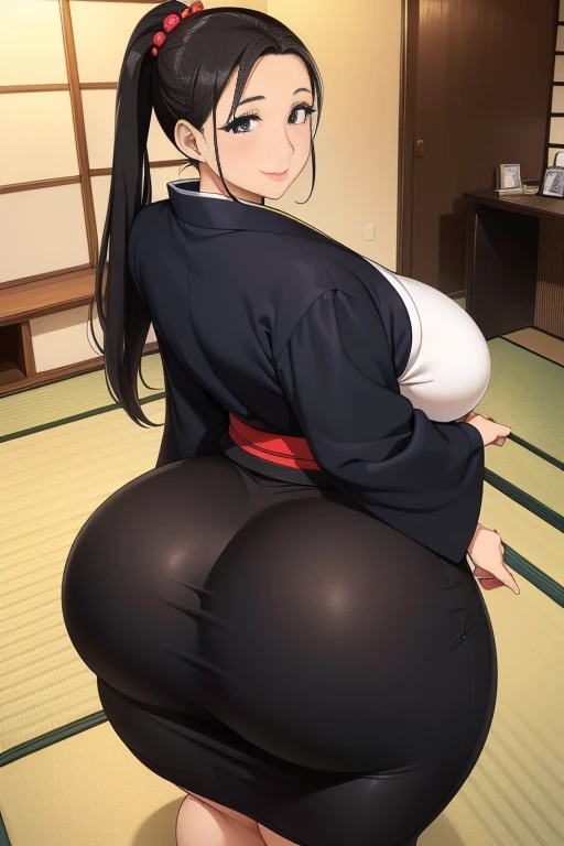 High resolution, (((House  setting))), (((mature Japanese girl ))), ((bimbo))), long black hair, ponytail, wide hips, thick thighs, hourglass figure, huge round breast, her head is turned looking at the viewer with a smile, huge ass size, Brazilian butt li...