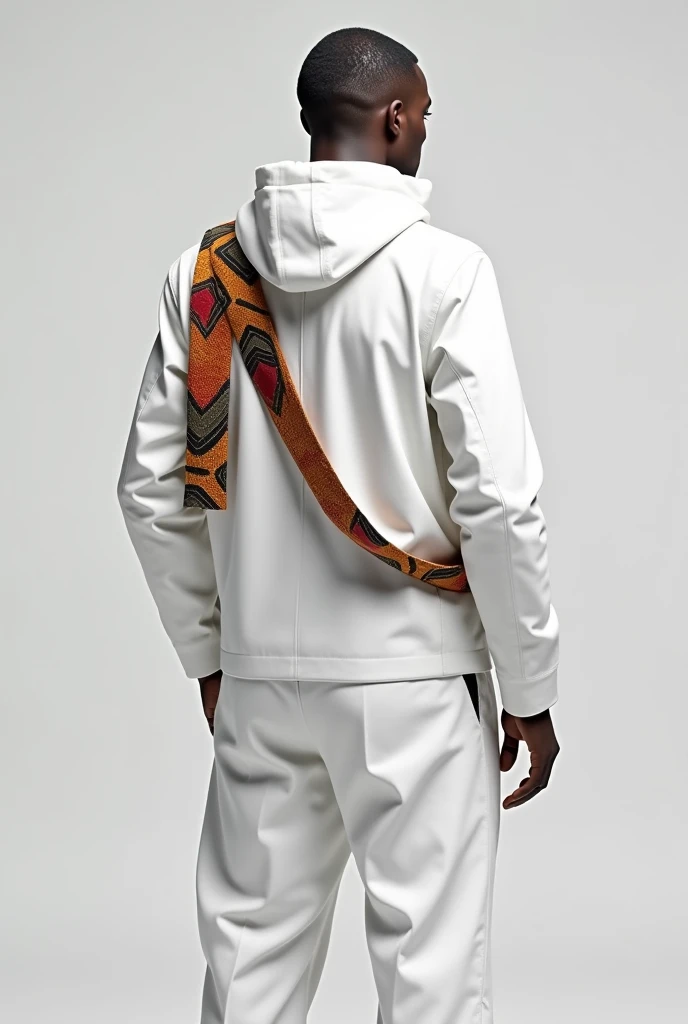 White hooded jacket design for men with an arm-to-arm strap in African fabric 