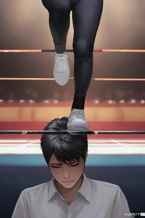 A female professional wrestler is crossing the crotch tightrope,sad,boyfriend,((((masterpiece)))), (( unity 8k wallpaper, photorealistic , (( detailed face )), ((nsfw)),