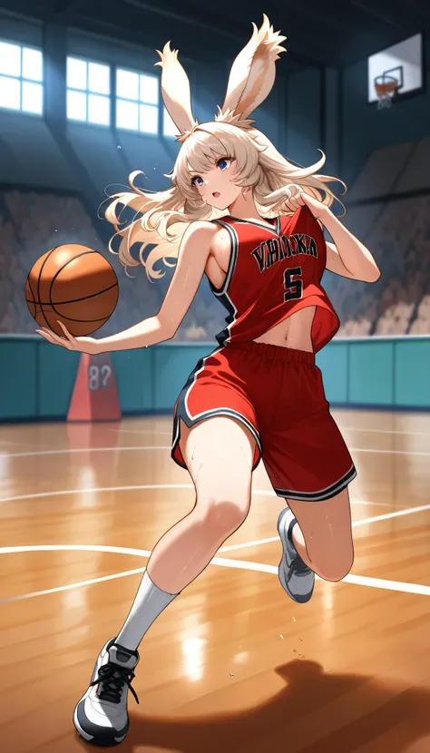 (((( Masterpiece)))), (((( TOP QUALITY)))), high resolution,fine grain, detailed face, depiction of a face expressed in great detail, Detailed Eyes 、Detailed faces、Hair drawn down to the smallest detail 、Sparkling Skin、sweat、viera, basketball playe...