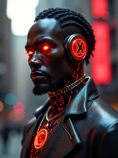 Agent X, robot, highest quality, A dark cyberpunk world、1 male (dark cyberpunk world, male African American Robot, Red on sharp facial structure, human like, metallic hair, highest quality, cyberpunk from Ghana, high quality, sharp moon eyes vivid Shiny sc...