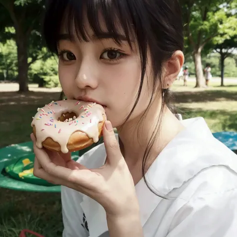 there is a woman eating a doughnut in a park, eating a donut, chiho, eating cakes, kimi takemura, yasumoto oka, narumi kakinouchi, shikamimi, shiori teshirogi, jinyoung shin, eating, harumi, bae suzy, sakimichan, heonhwa choe, chiho ashima