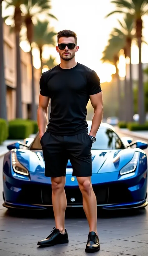 "A handsome, athletic man with a well-built physique is standing confidently in front of a sleek black-and-blue Ferrari sports car. He is wearing a fitted black T-shirt and matching black shorts, along with stylish sunglasses that add to his cool and sophi...