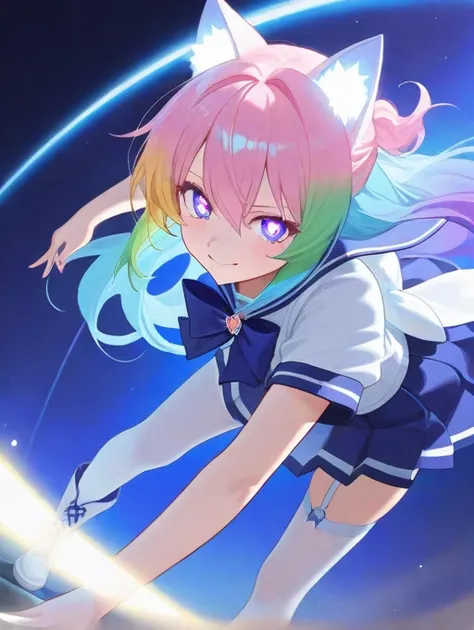 (masterpiece, best quality, ultra detailed, 8k, 4k, hi res, absurdres:1.3) BREAK 1girl, anime-style, magical girl outfit, vibrant blue and white accents, sailor-style uniform with oversized bow, dynamic pleated skirt, thigh-high stockings with lace trim, (...