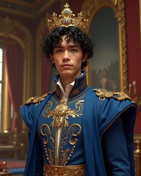 A prince with short curly black hair and blue clothing with a beautiful gold crown