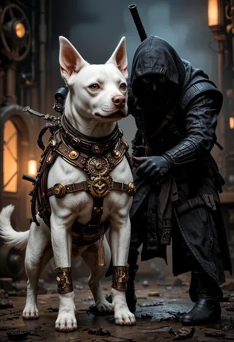 a masterwork picture of a white dog wearing steampunk clothes fighting a black cat ninja, , realistic art, (ultra details, Masterpiece, best quality), hyp3rd3tail style