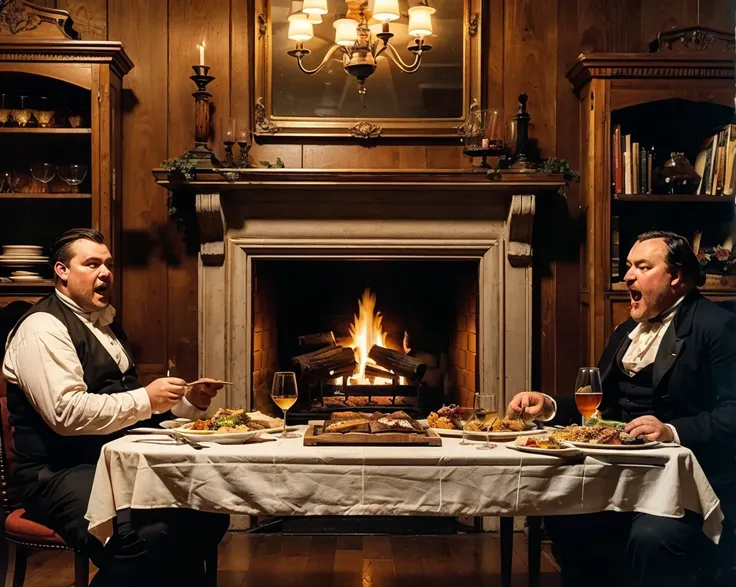 A country inn in Central Europe in the early 19th century, big fireplace in the rear, ,a big  table in the middle of the room, with a lot of fine dished prepared, still steaming hot, 12 fat men in peasnt clothing merrily sit around the table and sing and e...