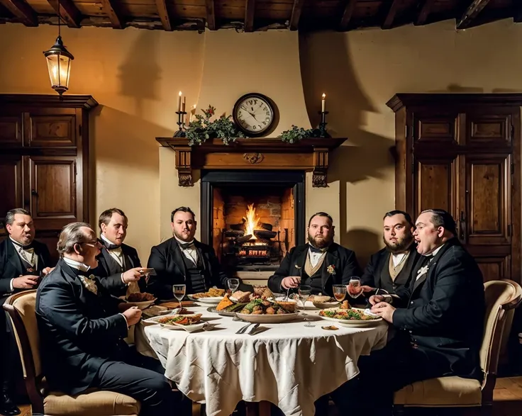 A country inn in Central Europe in the early 19th century, big fireplace in the rear, ,a big  table in the middle of the room, with a lot of fine dished prepared, still steaming hot, 12 fat men in peasnt clothing merrily sit around the table and sing and e...