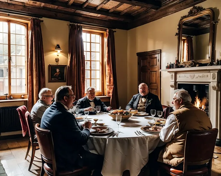 A country inn in Central Europe in the early 19th century, big fireplace in the rear, ,a big  table in the middle of the room, with a lot of fine dished prepared, still steaming hot, 12 fat men in peasnt clothing merrily sit around the table and sing and e...