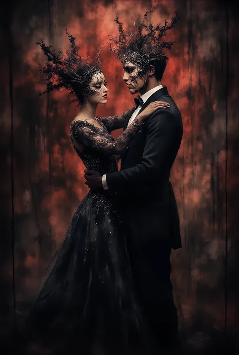 couple dressed in black tie and elegant dress wearing masks, dancing with black and red background