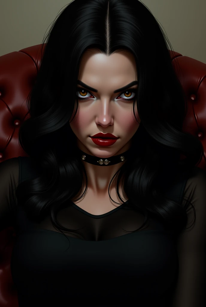 a close up of a woman in a black dress sitting on a couch, a character portrait by José Comas Quesada, tumblr, gothic art, furious dark haired women, trending artgerm, zenescope, chris moore. artgerm, yennefer, wonderful dark hair, artgerm style, extremely...