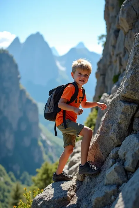 A young boy, perhaps around , is energetically scaling a steep, rocky mountain. He has a determined expression on his face, showcasing his adventurous spirit. The mountain is majestic, with towering peaks and rugged cliffs, surrounded by a clear blue sky. ...