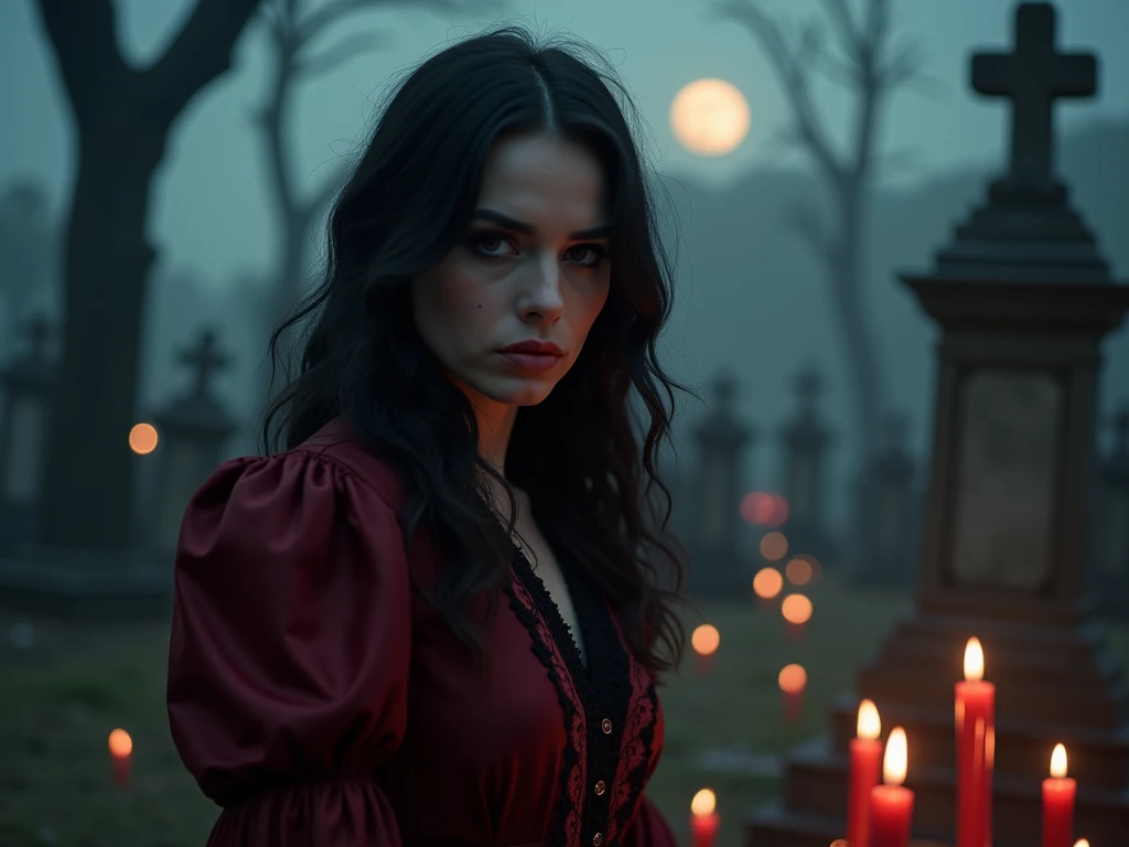  An enigmatic female figure ,   representing Maria Padilha from the Cemetery  .  She is dressed in a dark red dress ,  with black details.   Her expression is powerful  , with intense eyes ,  radiating a mix of mysticism and strength . In the background,  ...