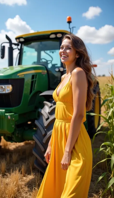 A 25 year old woman with long hair, random hair color, size 5 breasts, stands next to a large powerful tractor used for harvesting, surrounded by a colorful corn field. She laughs joyfully, radiating happiness, standing proudly next to the tractor. She is ...