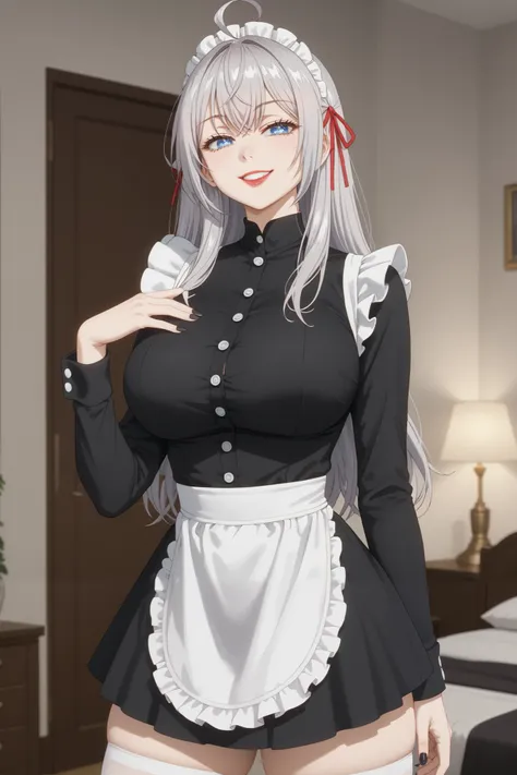 Girls, smile, red lips, fair skin, big tits, big breats, big ass, big butt, long hair, sexy body, thic body, beauty girls, maid costume, black and white maid costume colors, stocking, white stocking colors, nails, black nails colors, in bedroom background,...