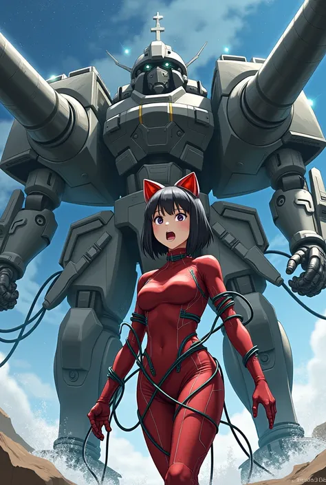 Japanese animation art. In a futuristic battlefield, a female warrior in a red bodysuit stands before the massive turret of a battleship. Her suit is form-fitting, accented with white and green lines. She has short bob-cut hair with cat-ear-like red decora...