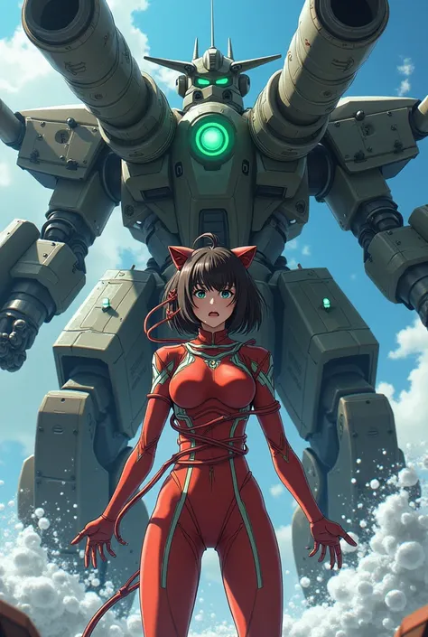 Japanese animation art. In a futuristic battlefield, a female warrior in a red bodysuit stands before the massive turret of a battleship. Her suit is form-fitting, accented with white and green lines. She has short bob-cut hair with cat-ear-like red decora...