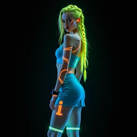 Ukrainian Russian woman, futuristic full body standing image in cyberpunk style of beautiful white blonde Russian woman with phosphorescent neon green braided hair and blue sporty mini skirt with futuristic accessories, illuminated glowing watch and smartp...