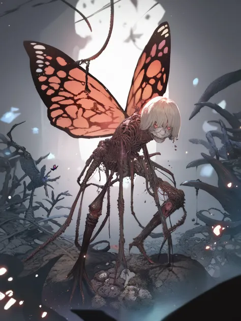 Cocoon in metamorphosis,manga, (  high quality, 4k,  ultra-detailed  ,  Realistic,  bright colors  , bokeh), (monstrous creature:1.1, dark atmosphere),Montruous butterfly,rotten wings