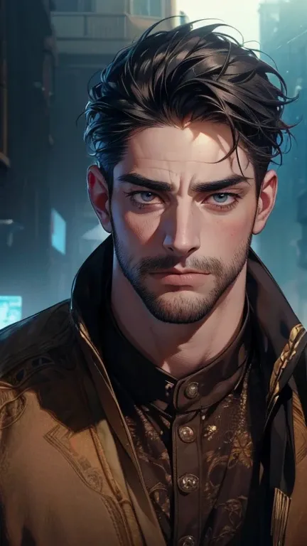 (     league player  ,4K,8k,    highres,    masterpiece :1.2),    ultra-detailed  ,(realistic,photorealistic,photo-realistic:1.37),36-year-old man,3 day beard,Beautiful anime,Portraits,strong,Masculine,     with black hair  ,sharp jaw,       mesmerizing ey...