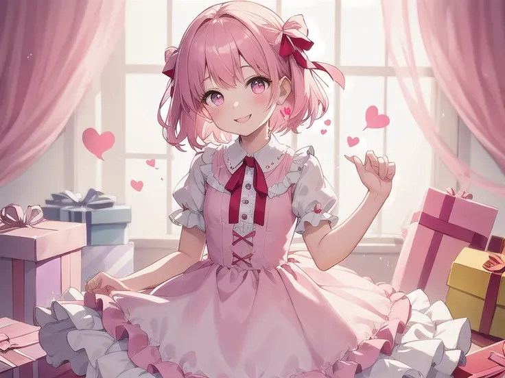 Top quality, high resolution, detailed, beautiful picture quality, one girl, cute pale pink dress with frills, short hair, smiling face, big red ribbon in hair, lolicon feeling, little sister, cute design with pink as main color, overall sweet and dreamy a...