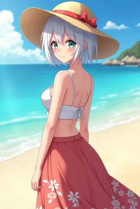  anime-style,  adult woman short white hair ,  with her right eye blue and left eye Green,She is approximately 22 years old on a beach on a beautiful day , and she is wearing a long knee-length beach skirt in light red with white flower design,and a straw ...